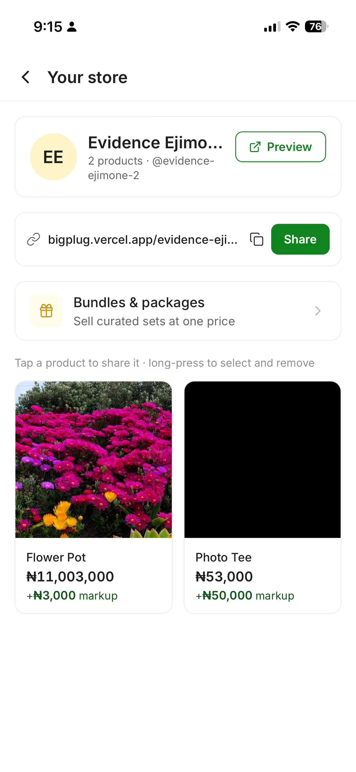 A reseller storefront, shareable by link