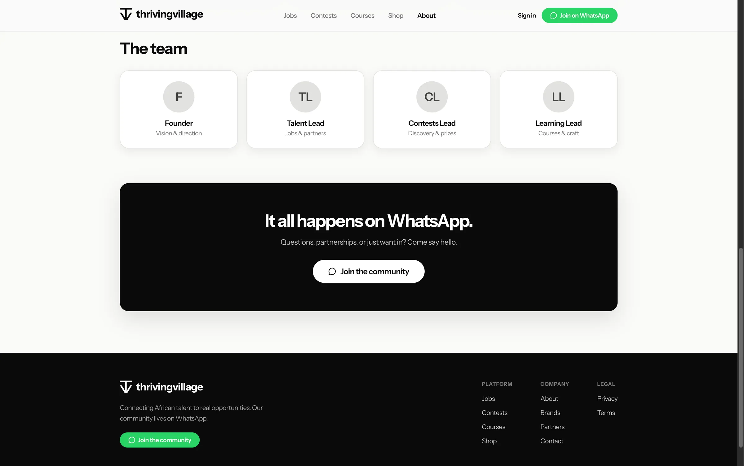 Team page and community call to action